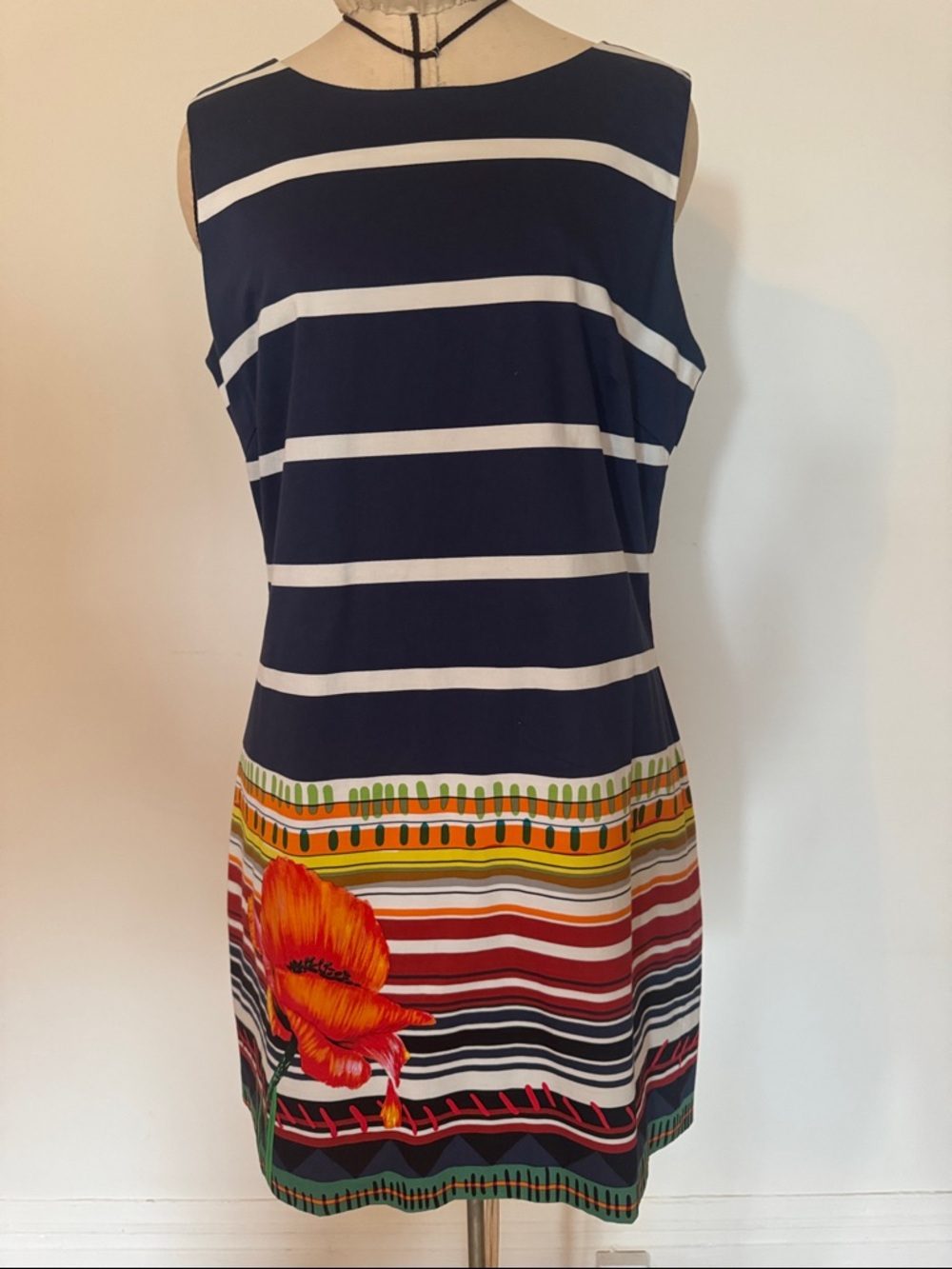Desigual Navy and White Striped Mini Dress with Multicolor Floral Hem